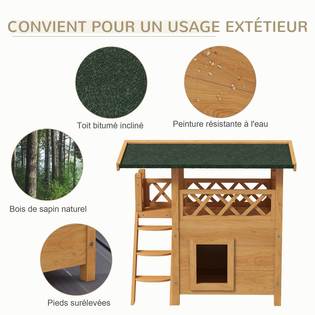 Outdoor Cat House with Terrace, Stairs, Roof, 77 x 50 x 73 cm, Natural and Green Wood