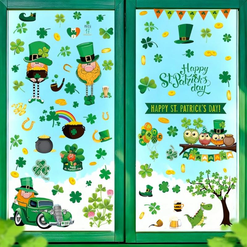 PVC-dekal Klistermärken St Patrick's Day Dekorationer Klistermärken med Klöver Småfolk Design för Fönster Spegel Glasdörr Dekorer