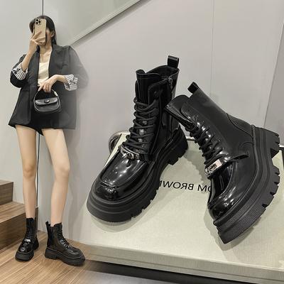 Stepping Shit Thick-soled Martin Boots Women's Autumn British Style Versatile Single Boots Locomotive Internet Celebrity Black Medium Boots