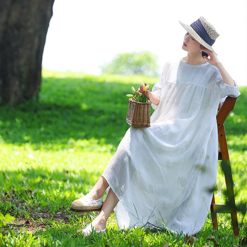 Johnature Woman Summer O-Neck Embroidery Loose Dress Fashion Retro Solid Color Half Sleeve Vintage Dress