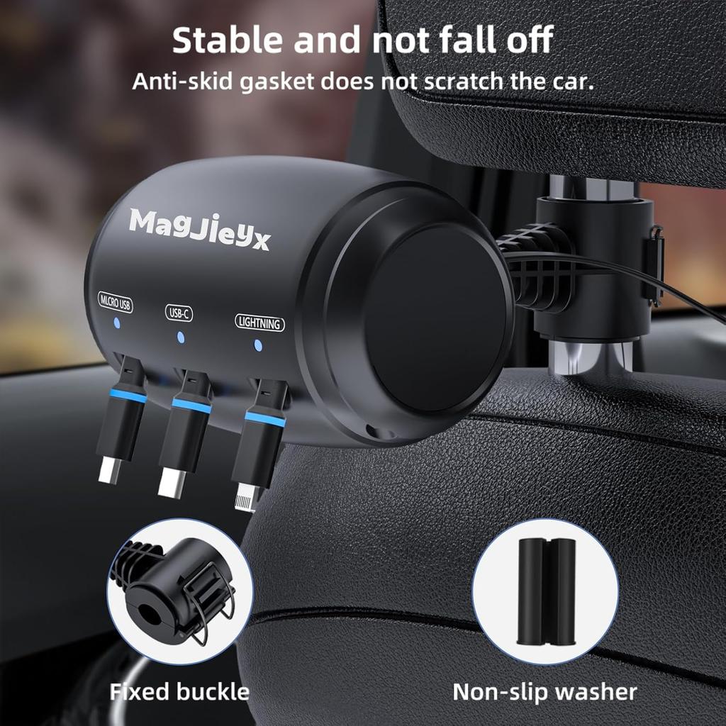 Multi Retractable Car Charging Station Box, 3 in 1 Headrest Fast Power Charging Dock Cord USB Type C Fits iPhone 16/15/14/iPad/Android/Samsung|Uber