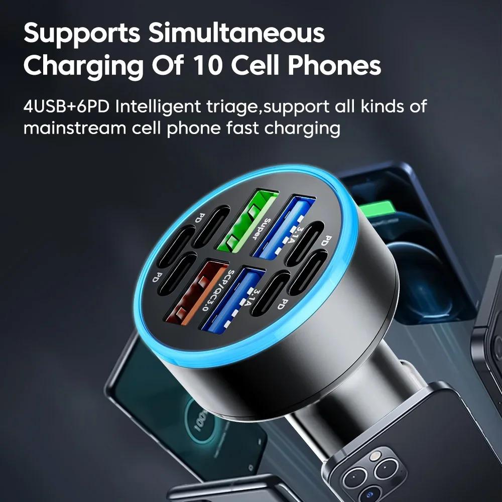 100W 10 Ports Car Charger Fast Charging PD QC3.0 USB C Car Phone Charger Type C Adapter in Car For iPhone Samsung Huawei Xiaomi