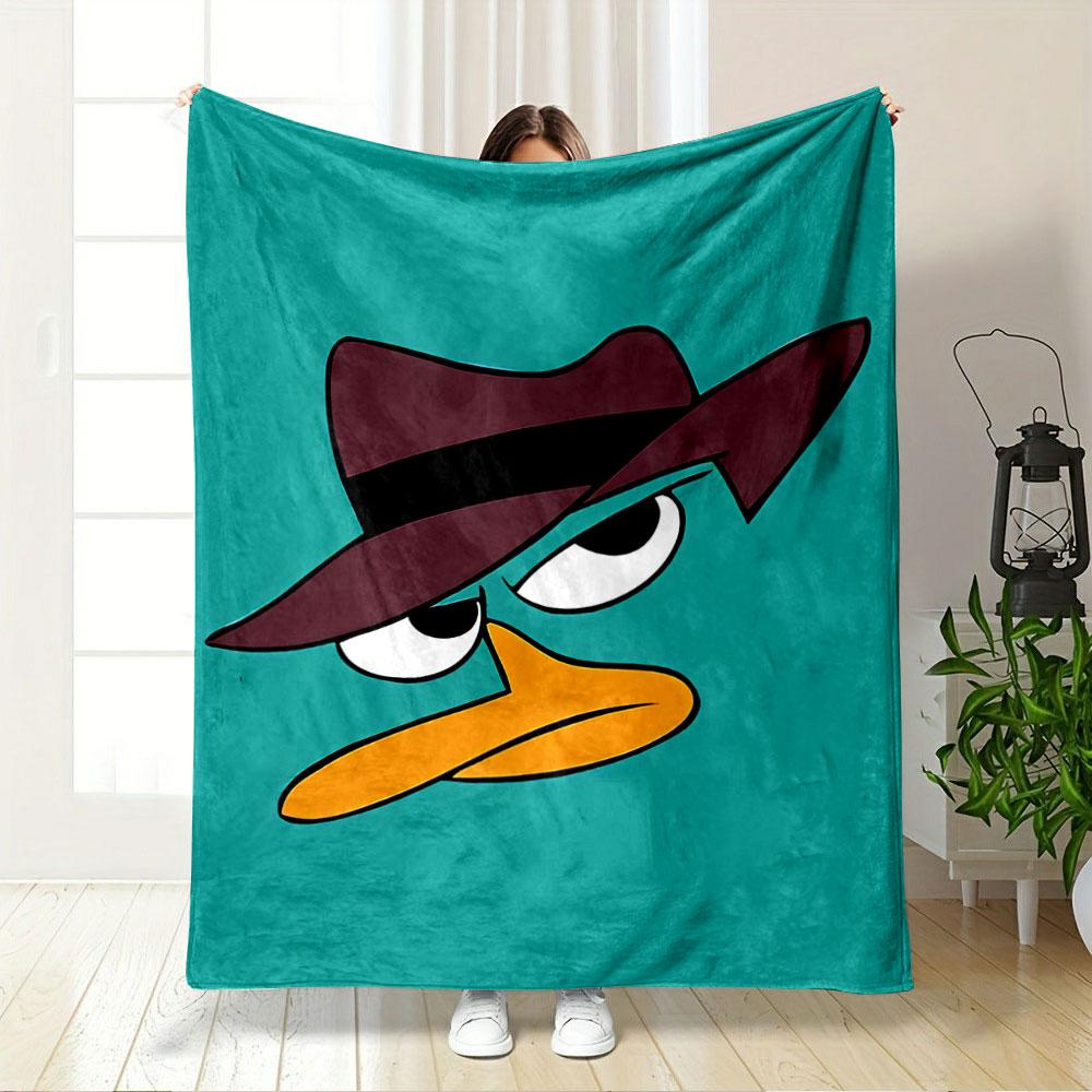 A cartoon duck face wearing a brown hat with a focused expression. for all seasons blanket lunch break throw gift
