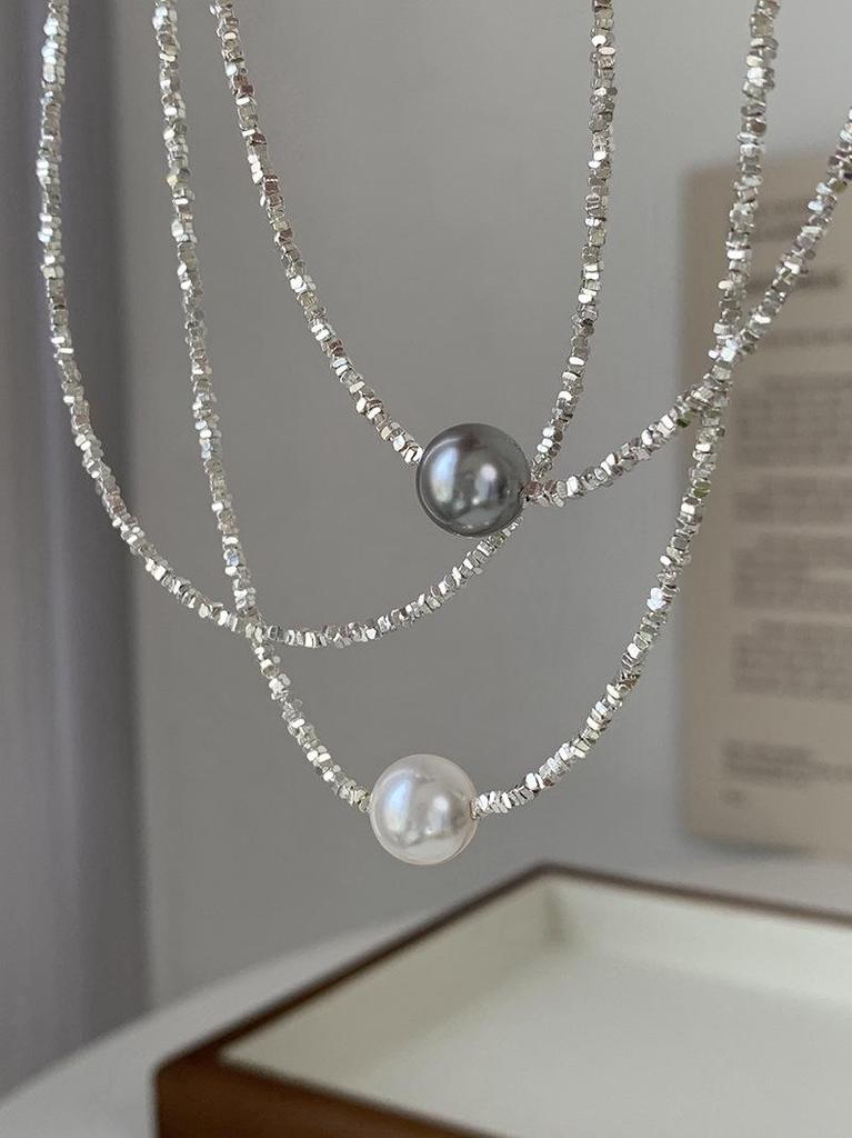 Elegant Silver Pearl Geometric Necklace - High-End Versatile Clavicle Chain for Women, New Style Glam with Fine Glitter