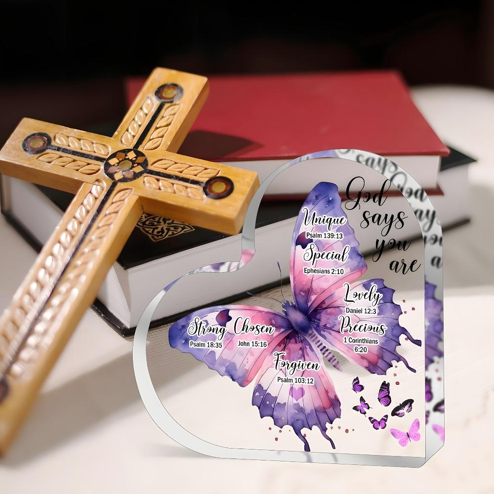 Inspirational Christian Heart-Shaped Acrylic Plaque for Women - "God Says You Are" Religious Gift with Butterfly Design, Scripture Verses & Pink Acce