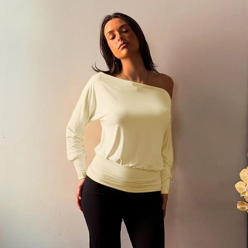 European and American women's clothing autumn ins new fashion solid color slanted shoulder long-sleeved pleated navel top T-shirt women