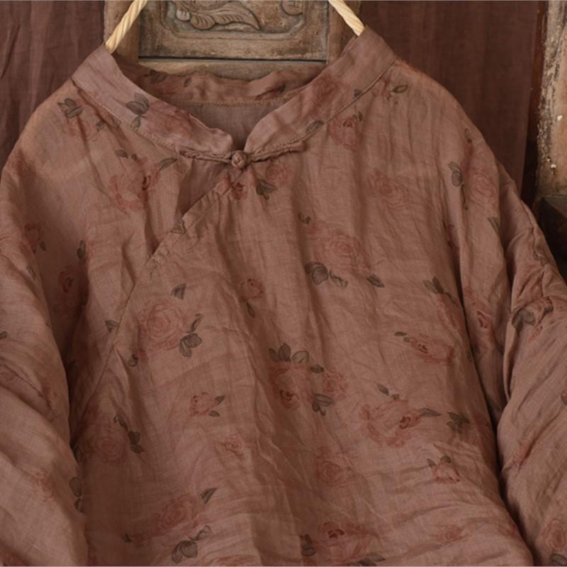 Johnature Women Ramie Shirts Print Floral Stand Long Sleeve Chinese Style Tops Spring Vintage High Quality Women Clothes