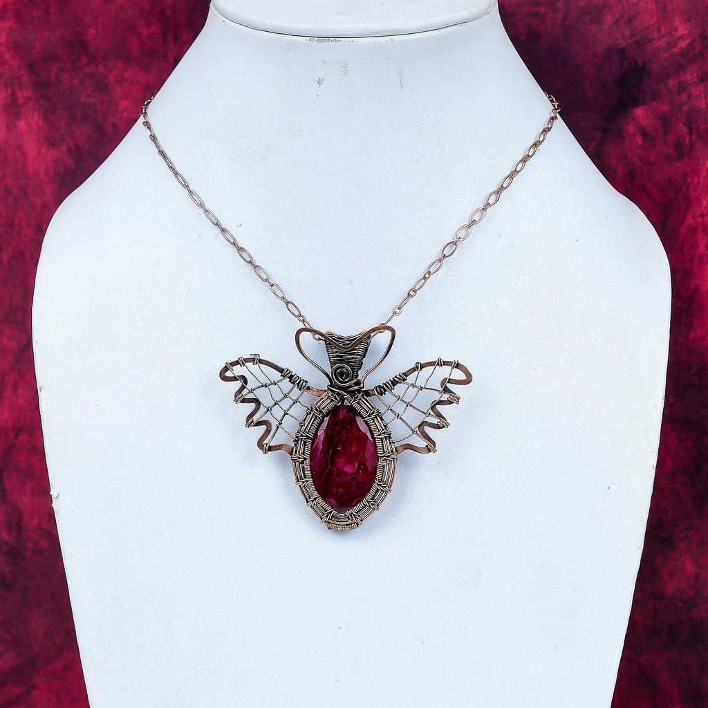 Faceted Kashmir Ruby Pendant Butterfly Design Pendant Copper Wire Wrapped Jewelry