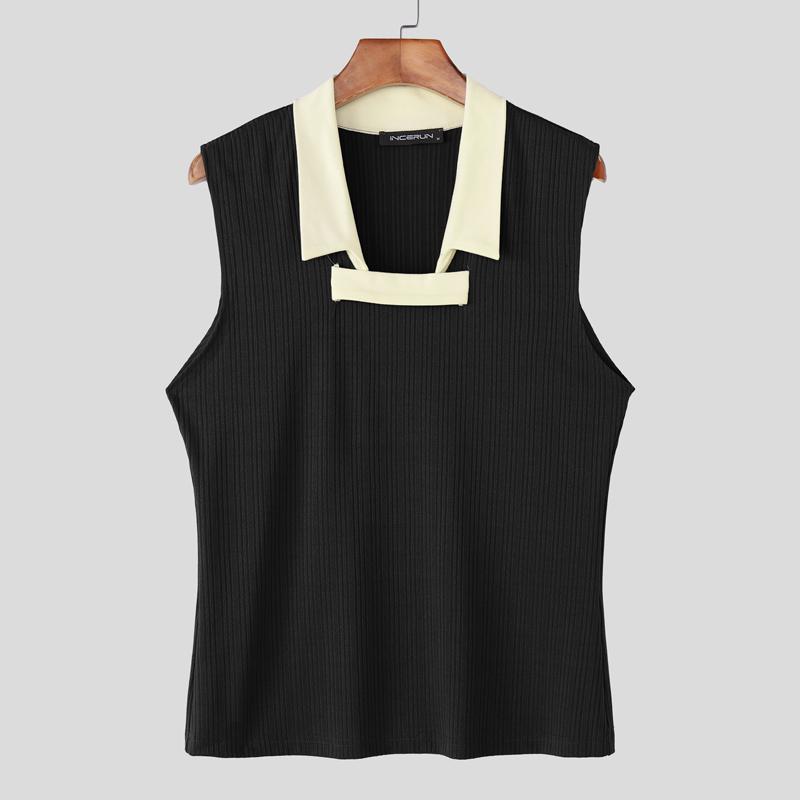 INCERUN Men Patchwork Lapel Sleeveless Casual Ribbed Tank Tops