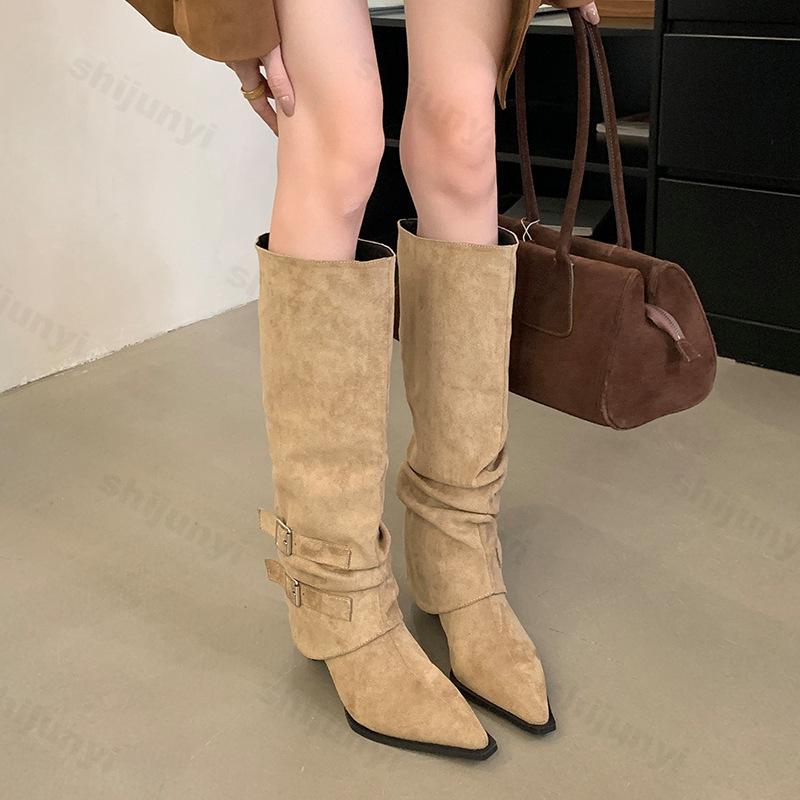 Woman Knee High Boots Vintage Suede Pleated Shoes 2026 Autumn Winter Ladies Elegant Pointed Toe Thin Heel Long Botas Mujer