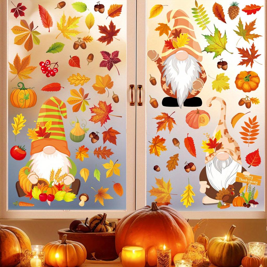 Thanksgiving Autumn Decoration Window Stickers,Self-adhesive Decorations Glass Window Pictures Autumn Leaves and dwarves Sticker