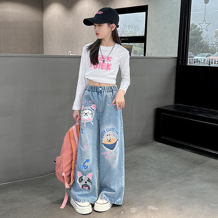 Girls' Stylish Wide-Leg Jeans - Fashionable Straight Pants for Spring & Autumn