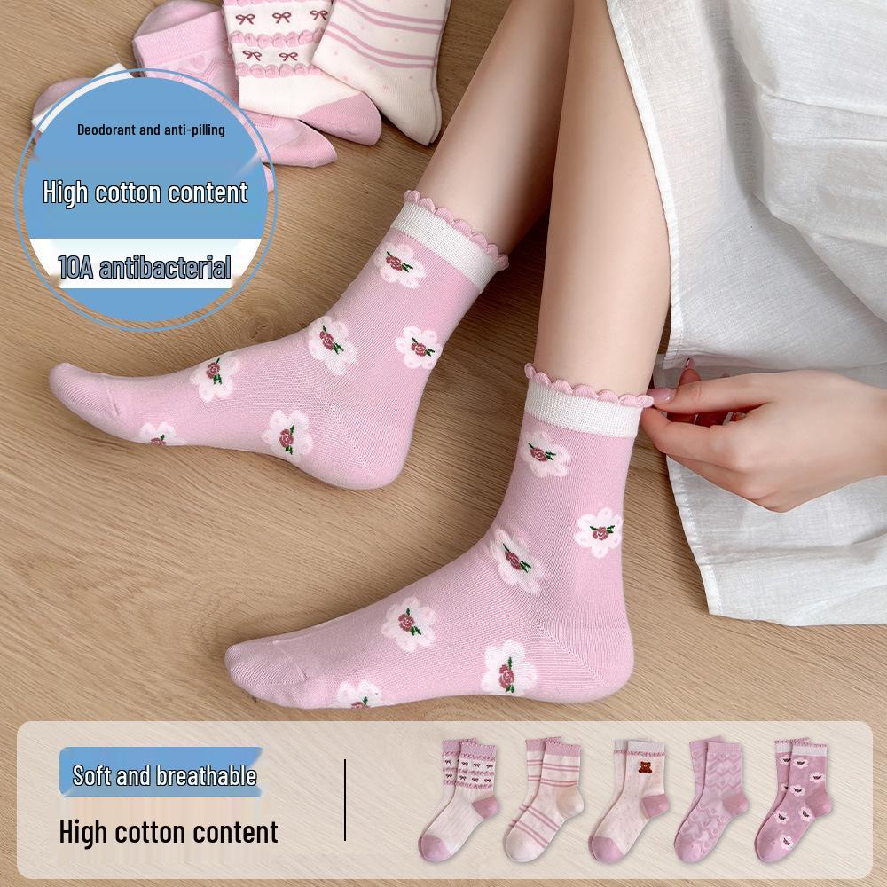 Women's Mid-Calf Lace Cotton Socks - Antibacterial, High Elasticity, Fresh Spring & Autumn Style