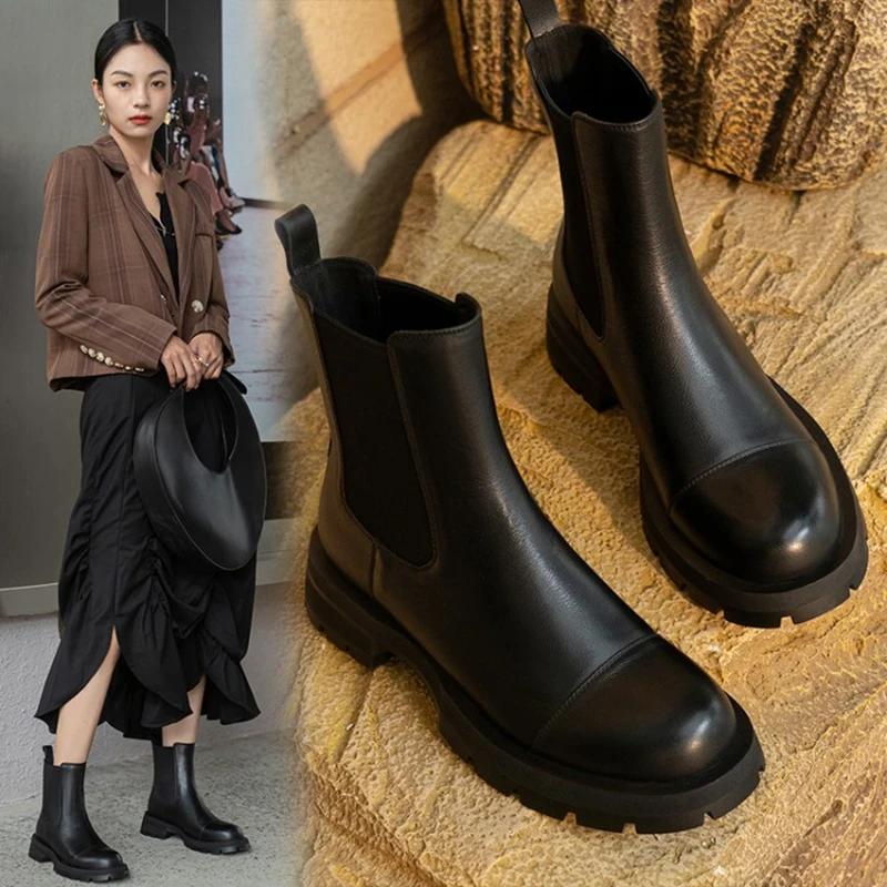 Fashion NEW Autumn Women Boots Genuine Leather Shoes for Women Round Toe Chunky Heel Shoes Slip-on Chelsea Boots Daily Shoes Ankle Boots