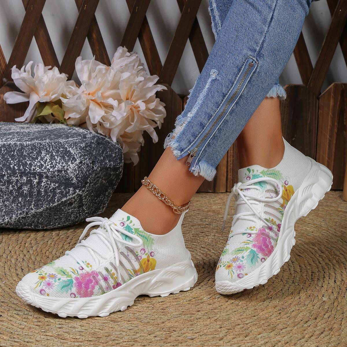 

мода Женские 2024 новые модные сетчатые дышащие повседневные кроссовки с растительным принтом 42 белый