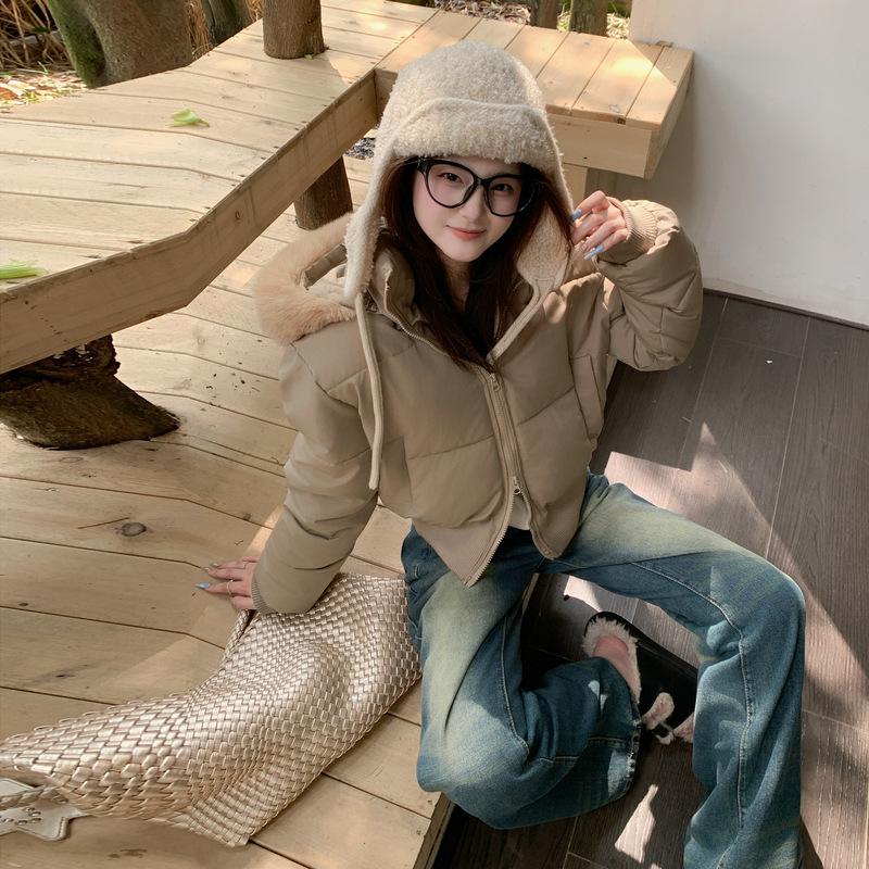 Navy Blue Cotton-padded Jacket Hooded Fur Collar Cotton-padded Jacket Women's Winter New Thickened Short Bread Coat.