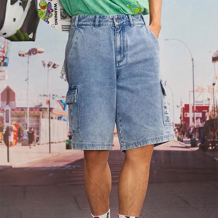 Li Ning X Disney Muppets Collection Logo Print Washed Denim Shorts Men Shorts Blue AJSR007-1