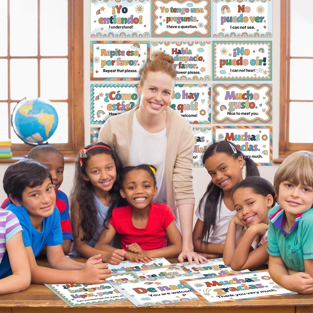 Pajean 20 Pcs Spanish Posters Spanish Phrases Classroom Decorations Boho Spanish English Bulletin Board Bilingual Educational Posters Language Study