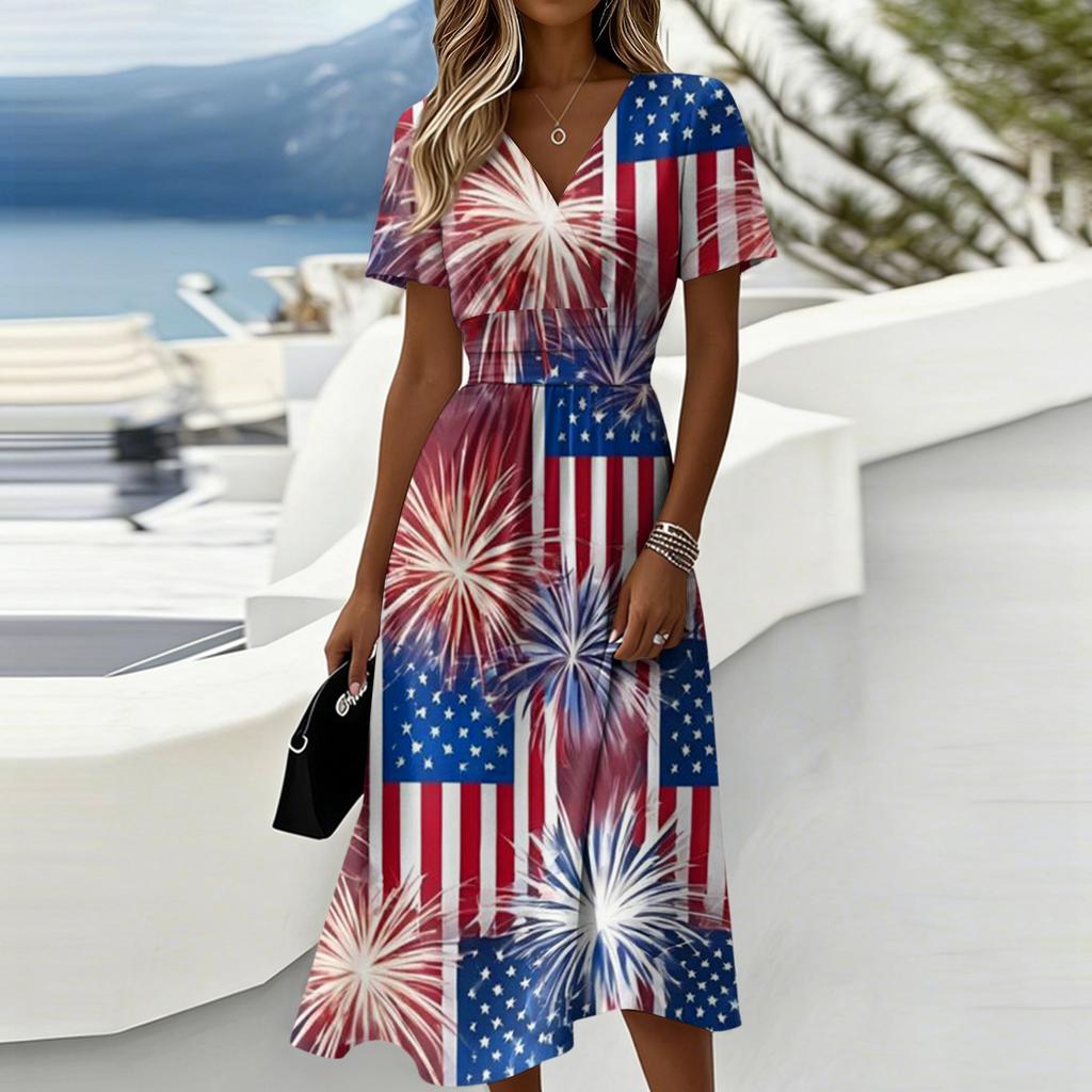 Women's Independence Day Print Casual Fashion Short Sleeve V-Neck Dress
