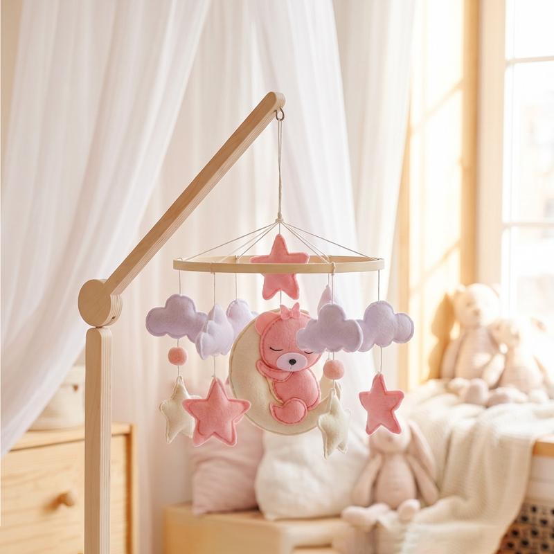 Music Box Bed Bell Hanging Bracket Toy Wooden Crib Mobile Baby Bed Bell Rattle Toy Soft Felt Cartoon Bear Mobile Bracket Newborn