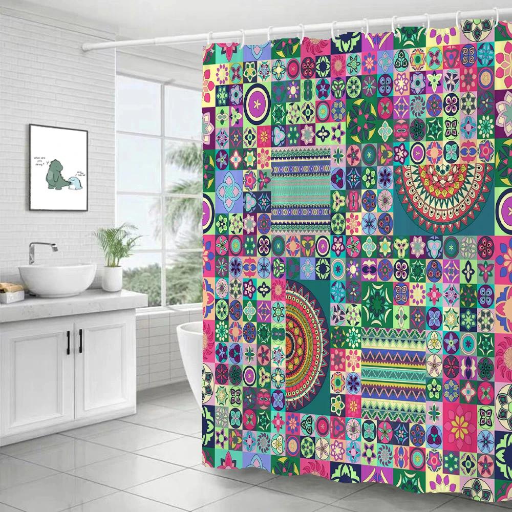 Sztuka łazienkowa Styl boho Zasłona prysznicowa Średniowieczna minimalistyczna sztuka Boho Poliester Zasłona do łazienki 180X180cm Z 12 haczykami