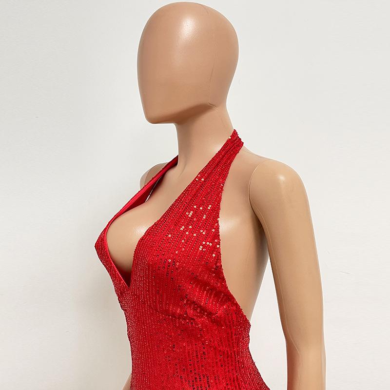 Women's Haute Couture Deep V Halter Halter Gown Dress Long Sequin Fishtail Dress