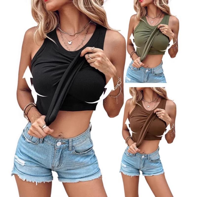 Women S Round Neck Solid Color Tank Top With Built In Bra For Summer