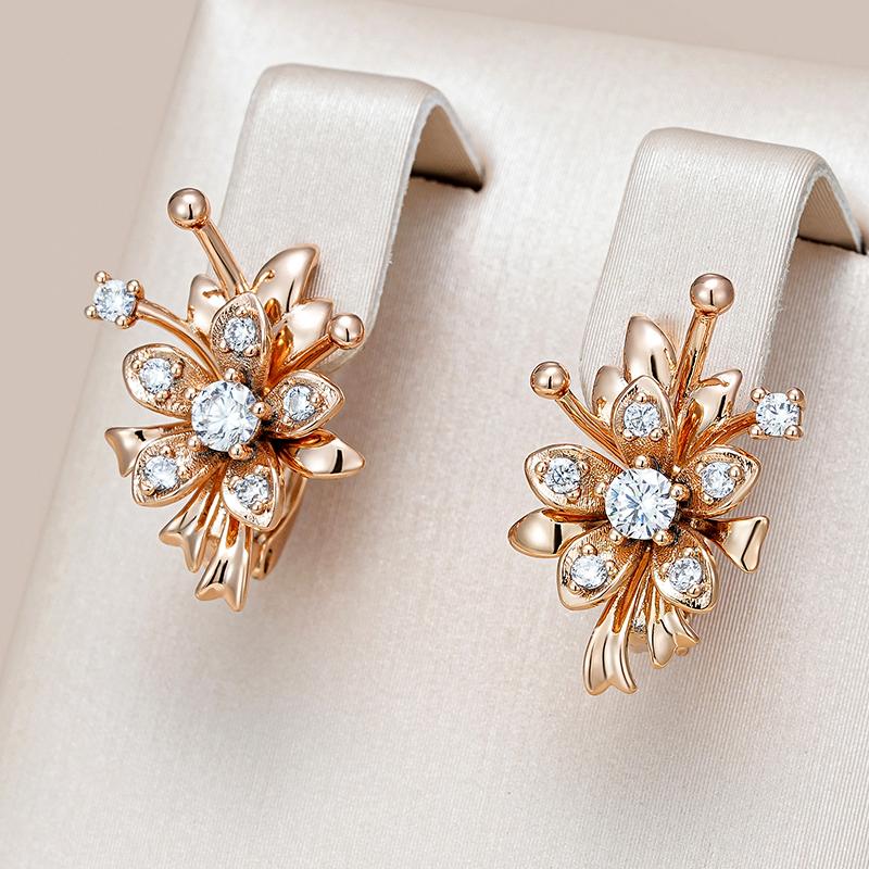 Kienl  Unique  Rose Gold Color Flower Drop Earring For Women Shiny Natural Zircon Accessories Daily Vintage Jewelry Gift