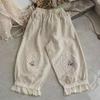 Women Pants Elastic Waist Pocket Lace Patchwork Flower Embroidery Daily Wear Solid Color Plus Size Mid-calf Length Ninth Pants Female Clothes