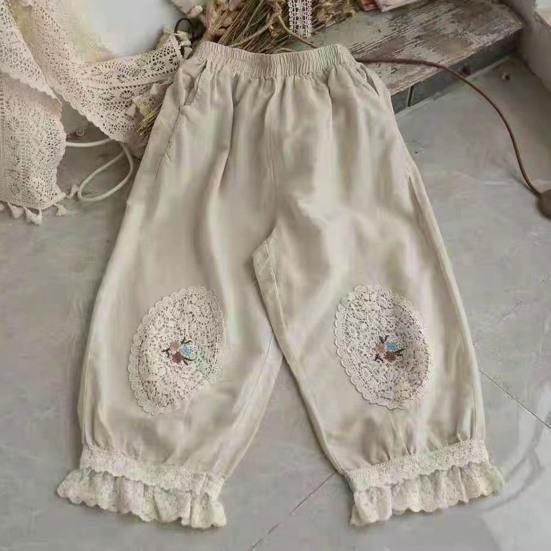 Women Pants Elastic Waist Pocket Lace Patchwork Flower Embroidery Daily Wear Solid Color Plus Size Mid-calf Length Ninth Pants Female Clothes