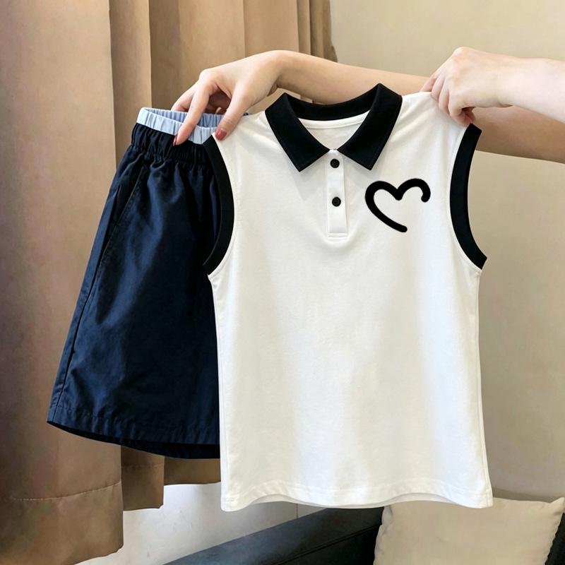 Girls' Trendy Patchwork Polo Vest Set - Sleeveless Top for Medium & Large Kids, New Summer Arrival