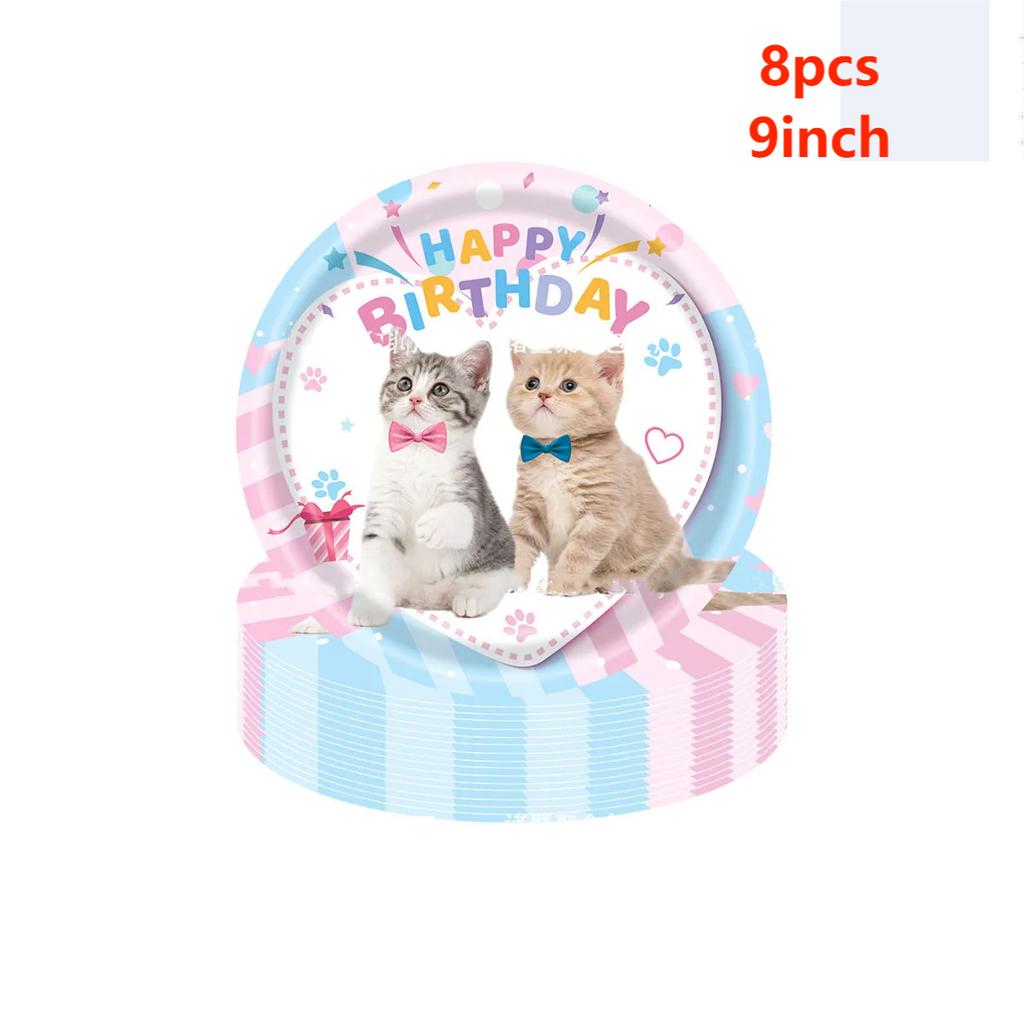 8Guests Cat Theme Birthday Disposable Tableware Cat Plates Cups Napkins Girls Happy Kitty Theme One 1st Birthday Party Decor