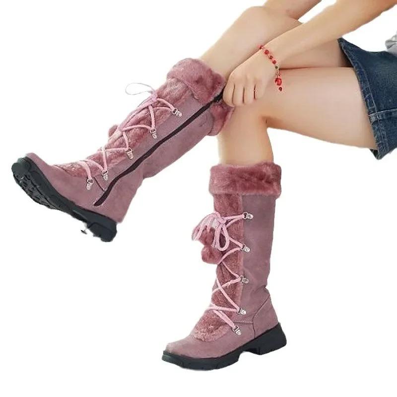 Fashion 2025 Cute Hairball Women's Comfort Fluffy Boots Suede Stitching Knee Length Winter Warm Snow Boots Classic Vintage Ladies Shoes