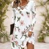 Women Floral Printed Criss Cross V Neck Long Sleeve Curved Hem Dress