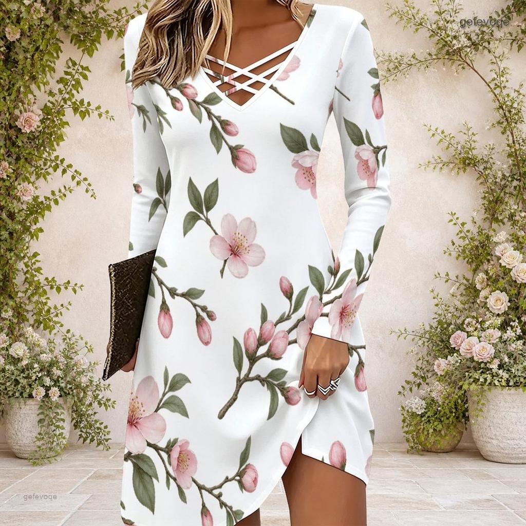 Women Floral Printed Criss Cross V Neck Long Sleeve Curved Hem Dress