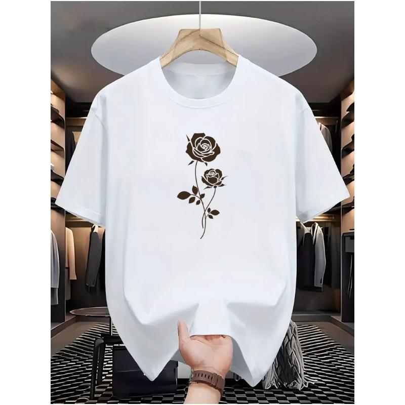 Europäische Größen Herren-T-Shirt mit Rosen-Design, vielseitige lässige Basisschicht, perfekt für bequeme Sportbekleidung