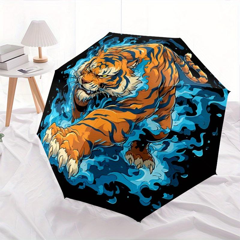 1pc Blue Flame Tiger Pattern Automatic Umbrella is Fashionable and Good-Looking,  Suitable for Travel and Daily UseN012