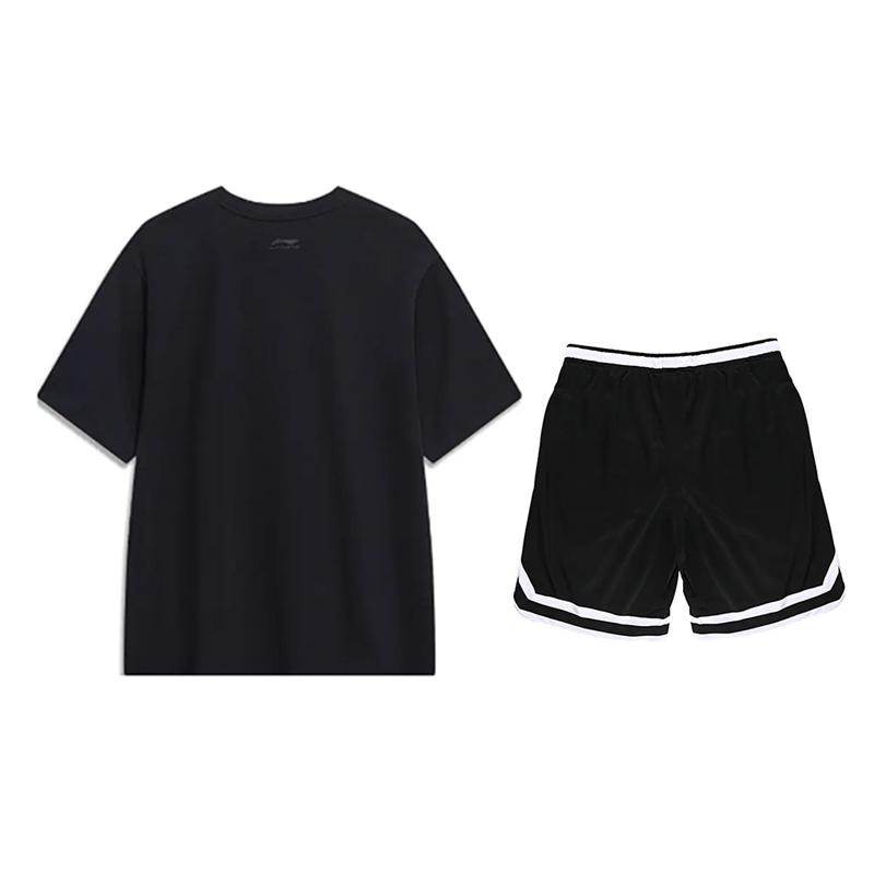 Li-Ning Cartoon Print Round Neck Short Sleeve Sports Suit With Striped Shorts Unisex Sportswear Black AHST543-2+YAPV001-1