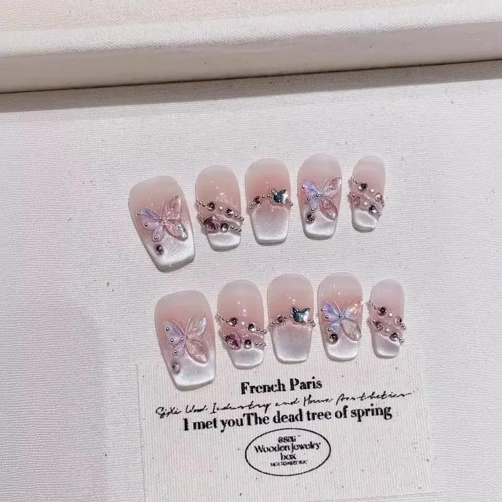 10Pcs French Ballerina Handmade Press On Nails Pink Cat Eye Fake Nails Wearable Stick-on Nails Full Cover False Nail