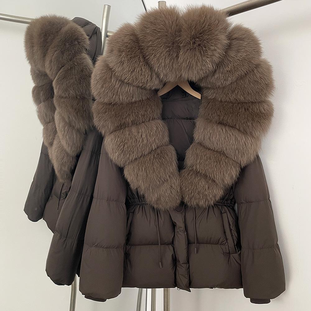 Removable oversized fox fur collar women's short down jacket women's winter new hooded waist and thin fur jacket