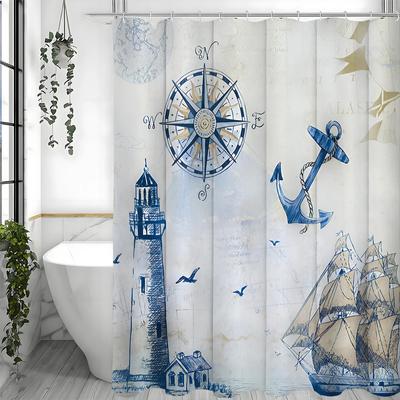 Velier Nautic Far de Coastă, Busolă, Ancoră Cortină de Duș, Cortină de Duș Decorativă pentru Baie, Cortină de Duș Impermeabilă