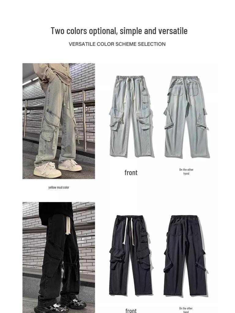 Men's Multi-Pocket Cargo Jeans - Loose Fit, Wide Leg, Spring/Autumn/Winter Casual Trend Pants