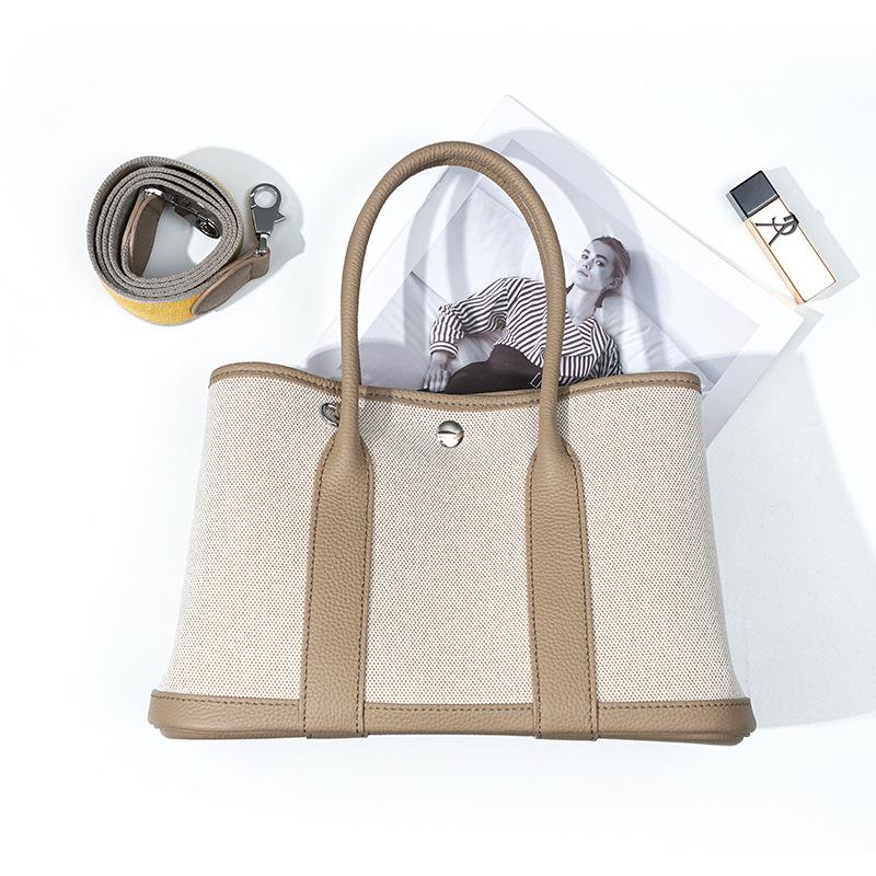 Niche high-end women's leather handbag, first-layer cowhide large-capacity canvas contrasting color garden tote bag