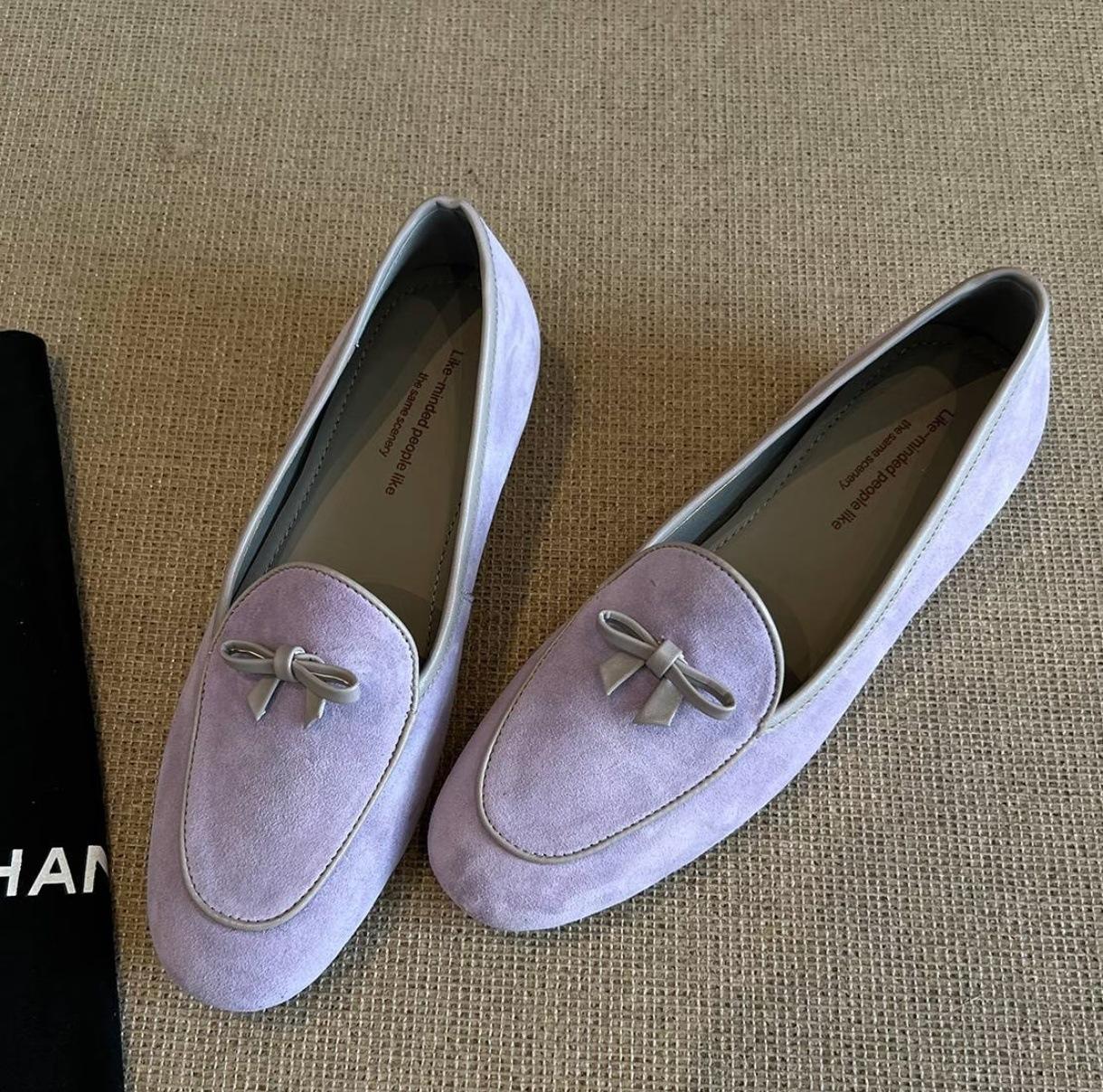 

Cowhide version~ 2025 spring and summer simple fashion bow age-reducing commuting versatile loafers one-pedal single shoes women 34 фиолетовый