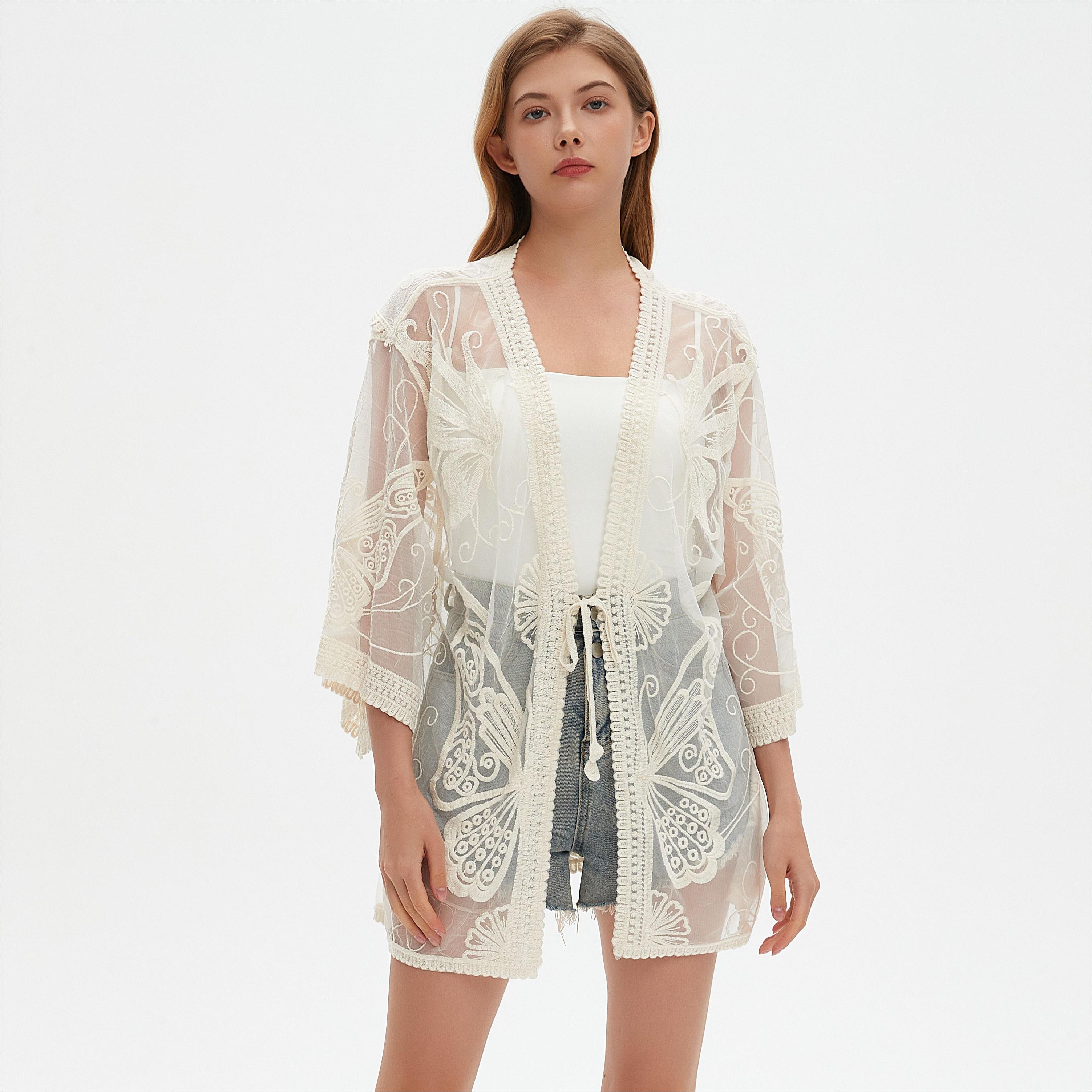 

DIMANAF 2025 Лето Женщины Летучая мышь Пляжный кардиган V-образный вырез Футболка Базовый кружевной Новые модные топы кружевные футболки Повседневные свободные футболки One Size белый