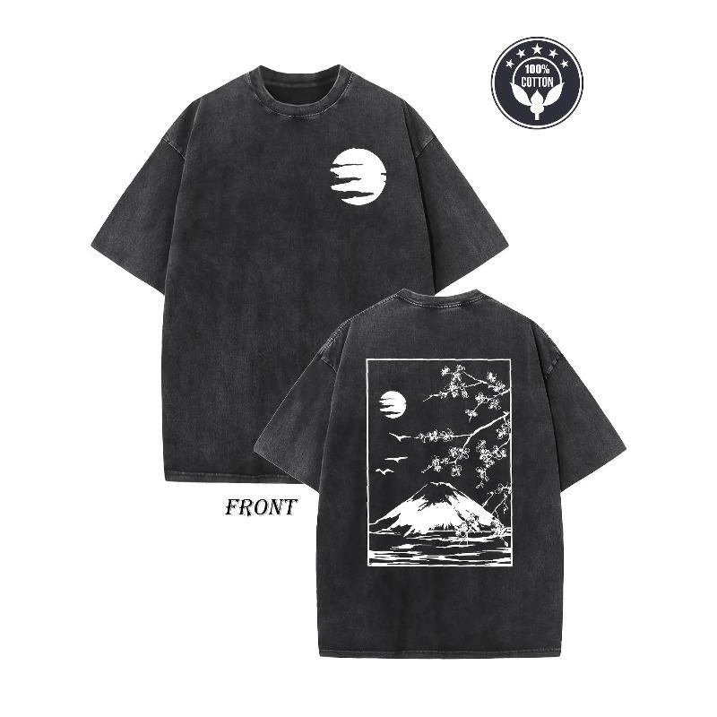 

Retro Artistic Design Washed Men S T-Shirt Featuring Japanese Mountain Flora And Cherry Blossoms , Heavyweight Pure Shirt Has a Drop Shoulder Style S чёрный
