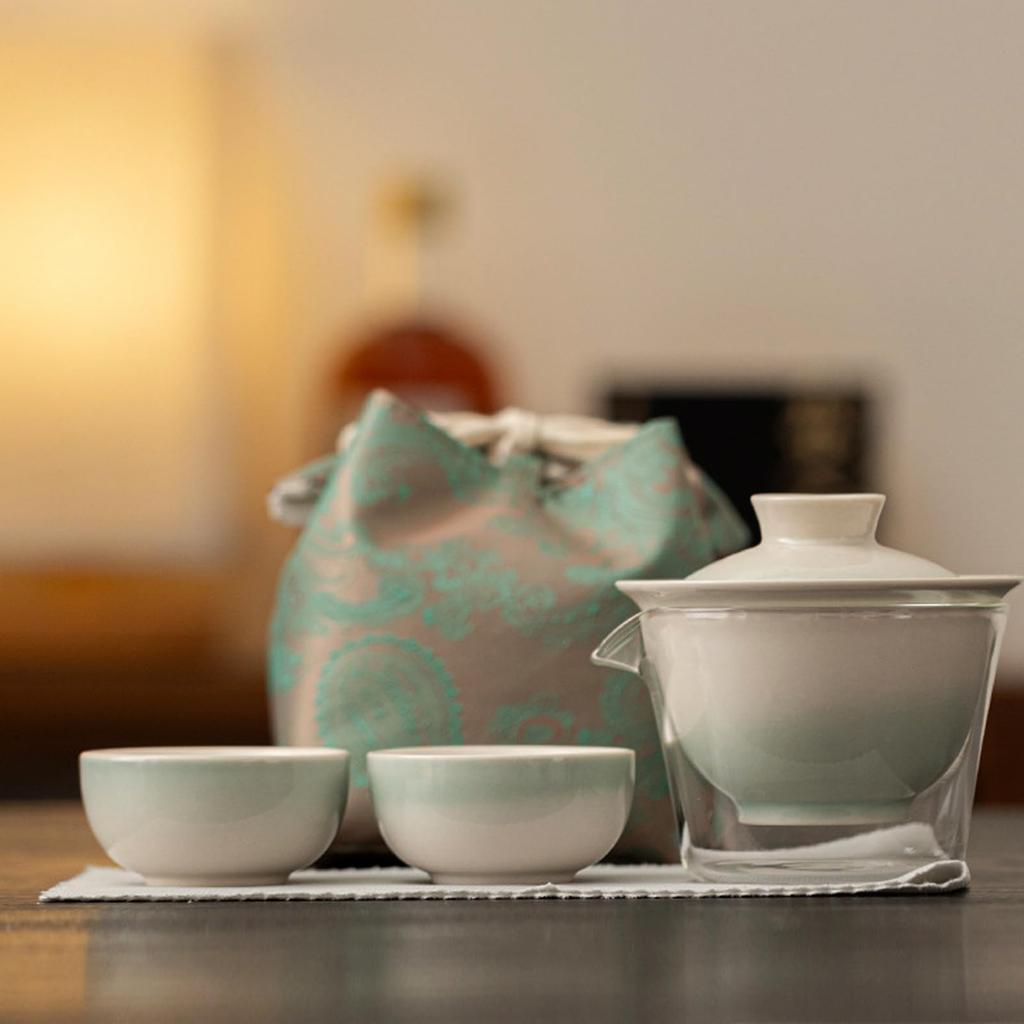 MiniMood 3-Piece Portable Ceramic Chinese Tea Set for Travel, Includes One Tea Pot and Two Cups, with Built-in Storage Bag, Suitable for Home,