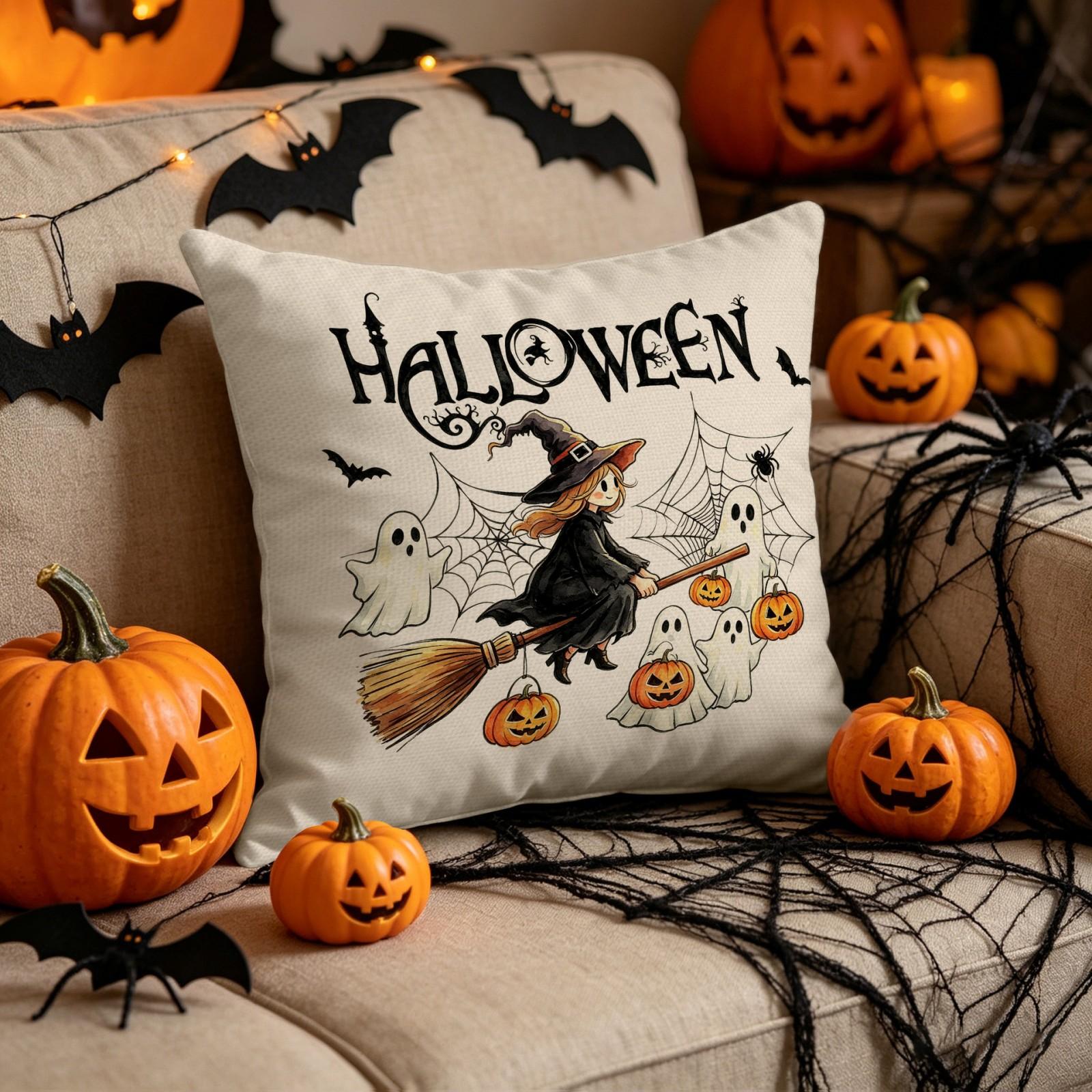 Halloween Decorative Pillow Cover Linen Fabric Indoor Sofa Cushion Case with Witch Ghost Pumpkin Spider Web Design for Autumn Seasonal Home Decor one size