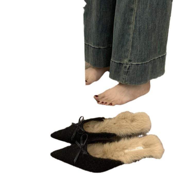 Temperament Plush Bag Head Half Slippers Lazy One Pedal Pointed Shoes Plush Shoes Women Wear Outside Winter