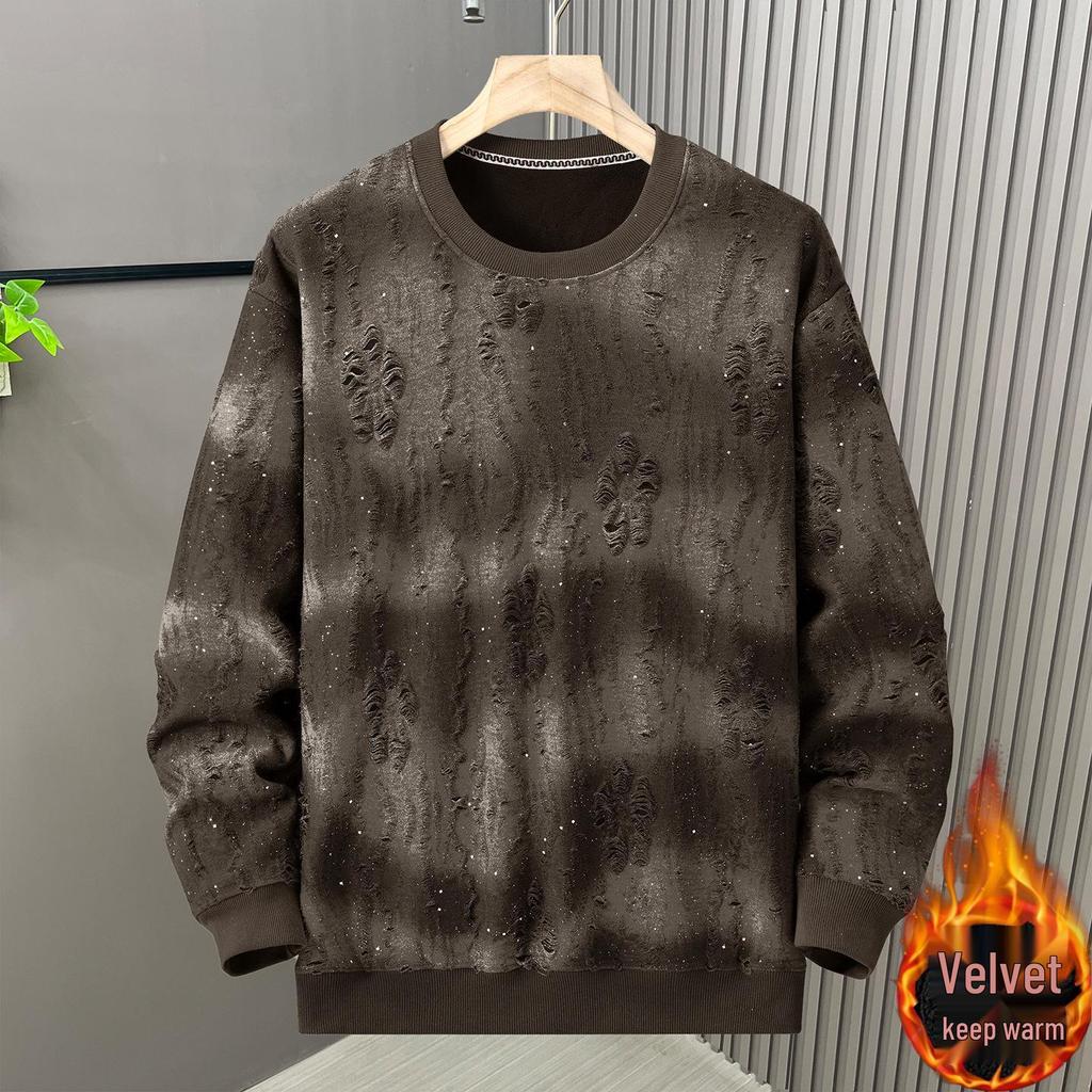Men's 2026 Winter Rhinestone Ripped Hoodie - Trendy, Versatile, Long Sleeve, Plus Velvet